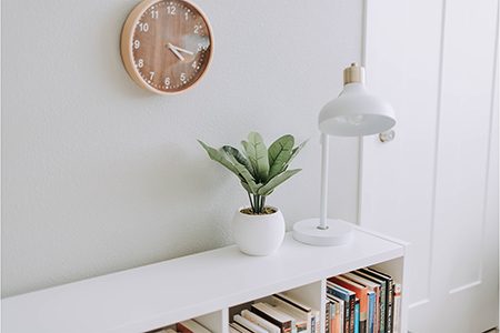 Plant, clock and lamp on a shelf
